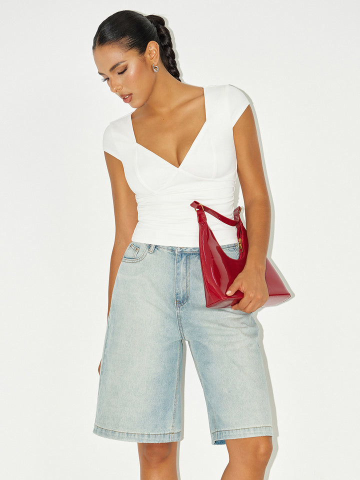 Fırfırlı V Yaka Kap Kol Tişört