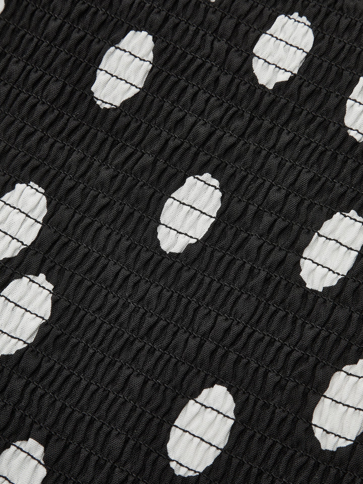 Sırtı Açık Puantiyeli Büzgü Detaylı Maksı Elbise