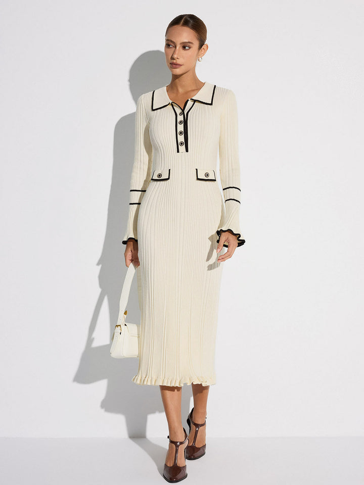 Kontrast Dikişli Düğmeli Kısbağlamalı Triko Elbise