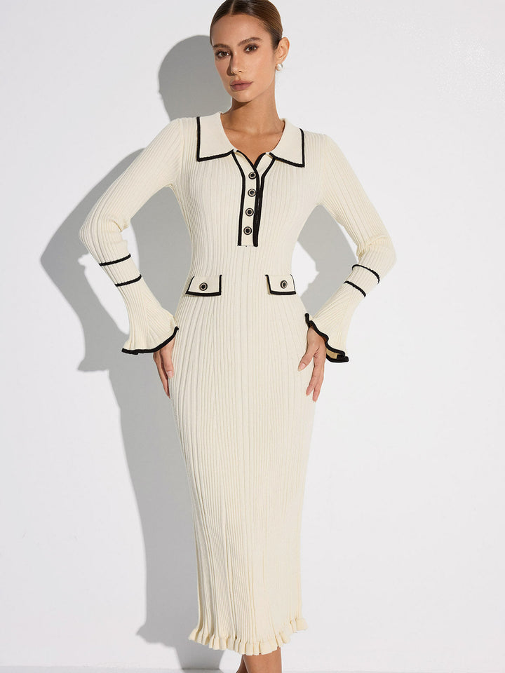 Kontrast Dikişli Düğmeli Kısbağlamalı Triko Elbise
