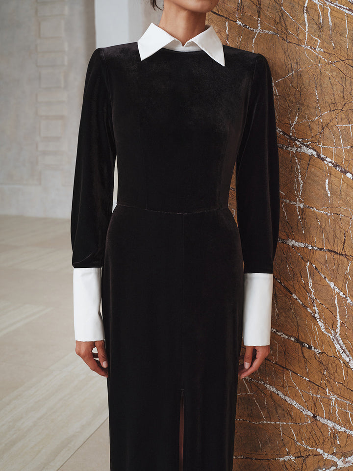 Zıt Panel Yırtık Uzun Kollu Kadife Maksi Elbise