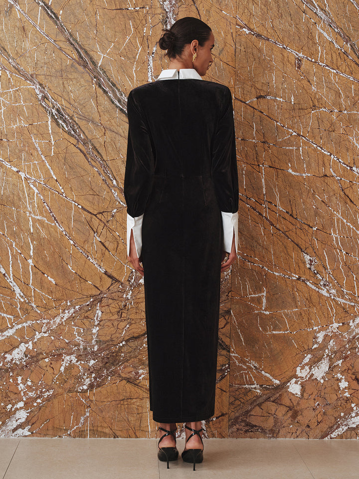 Zıt Panel Yırtık Uzun Kollu Kadife Maksi Elbise
