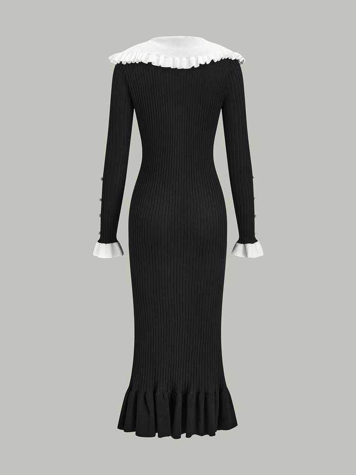 Kontrast Düğümlü Yaka Penye Midi Elbise