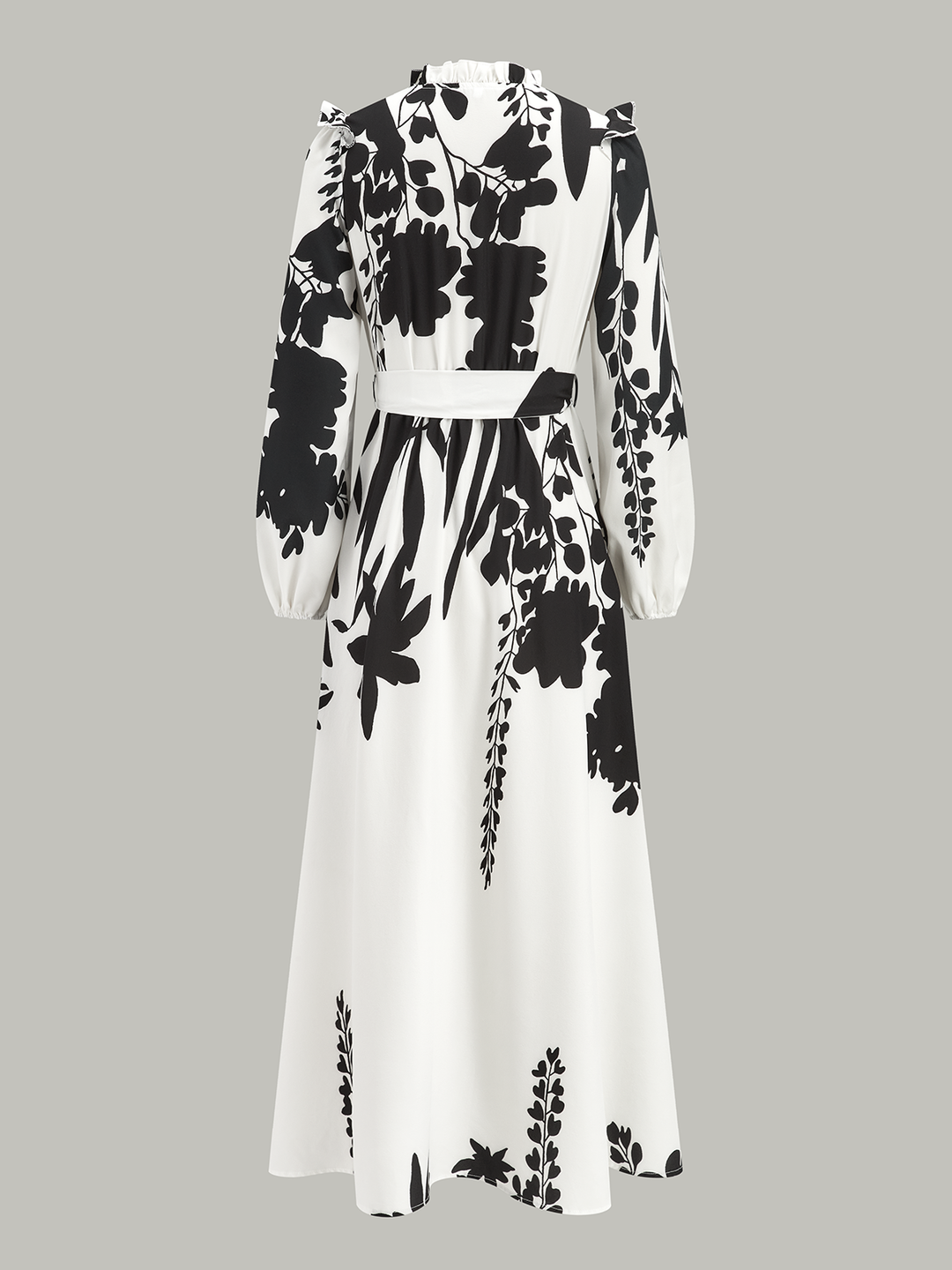 Fırfırlı Boynuk Kuşaklı Çiçek Desenli Maxi Elbise