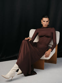 Yüksek Yaka Korse Bel Uzun Kollu Maksi Elbise