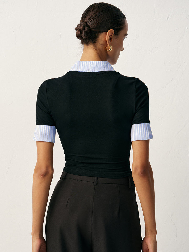 2'li Panel Yaka ve Manşetleriyle Oturtmalı Tişört