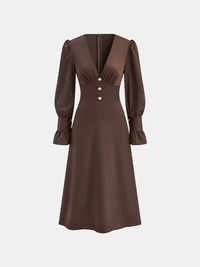 V Yaka Döktuçe Yüksek Kol Düğmeli Dar Elbise