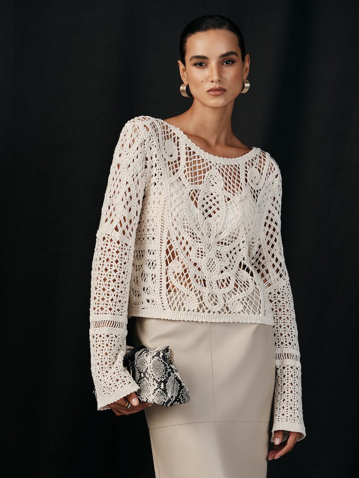 Pamuk Tığ İşlemeli Uzun Kollu Örgü Bluz