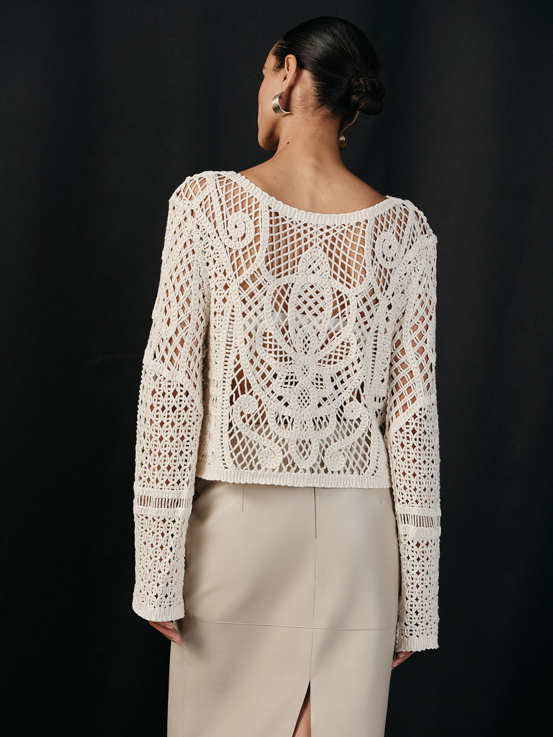 Pamuk Tığ İşlemeli Uzun Kollu Örgü Bluz