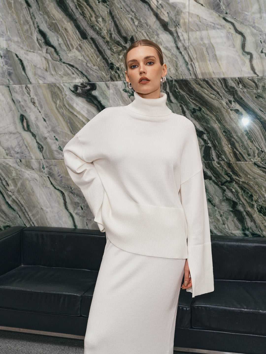 oversize boğazlı örgü üst ve maksi etek takımı