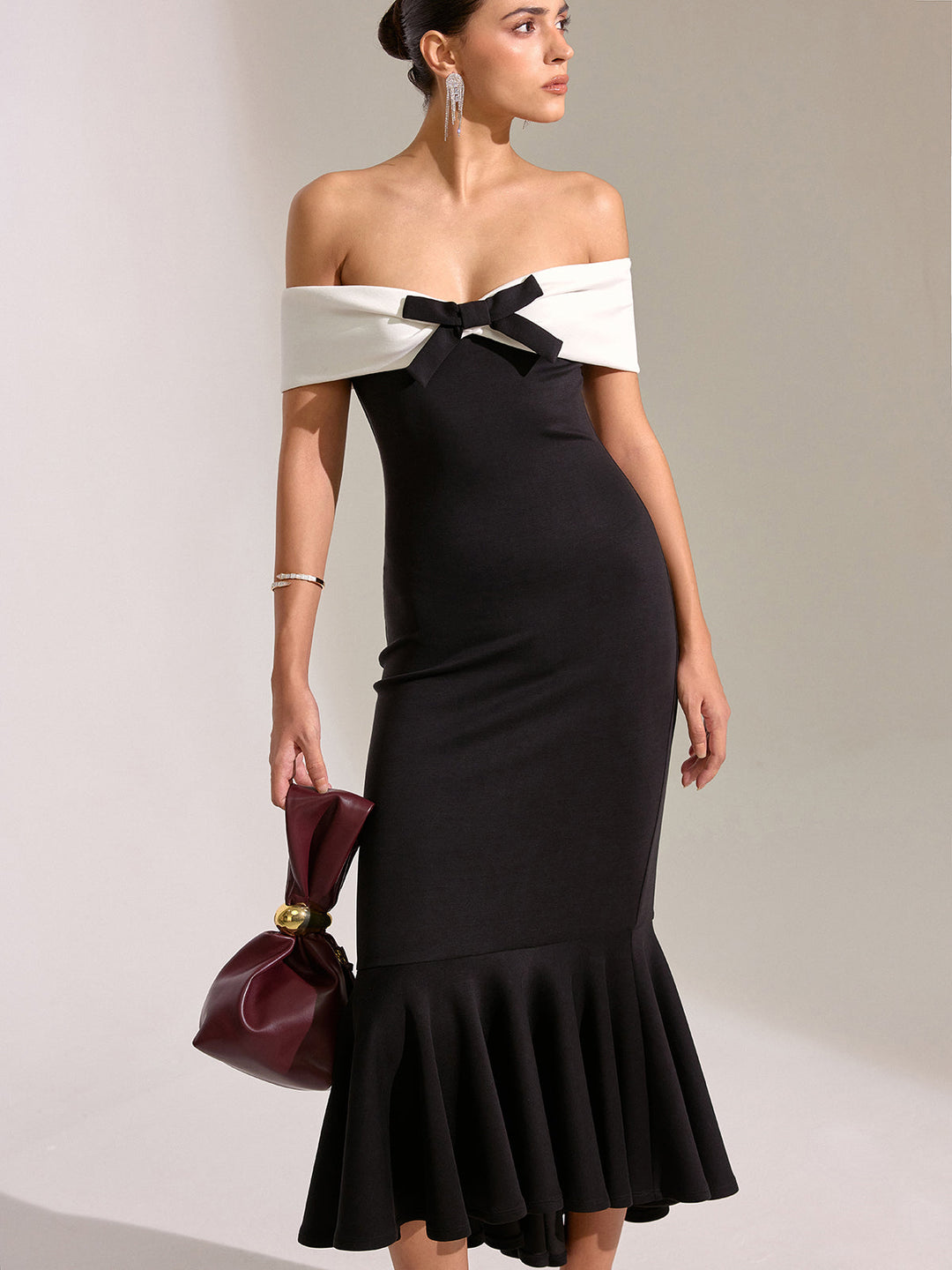 Omuz Açık Denizkızı Midi Elbise