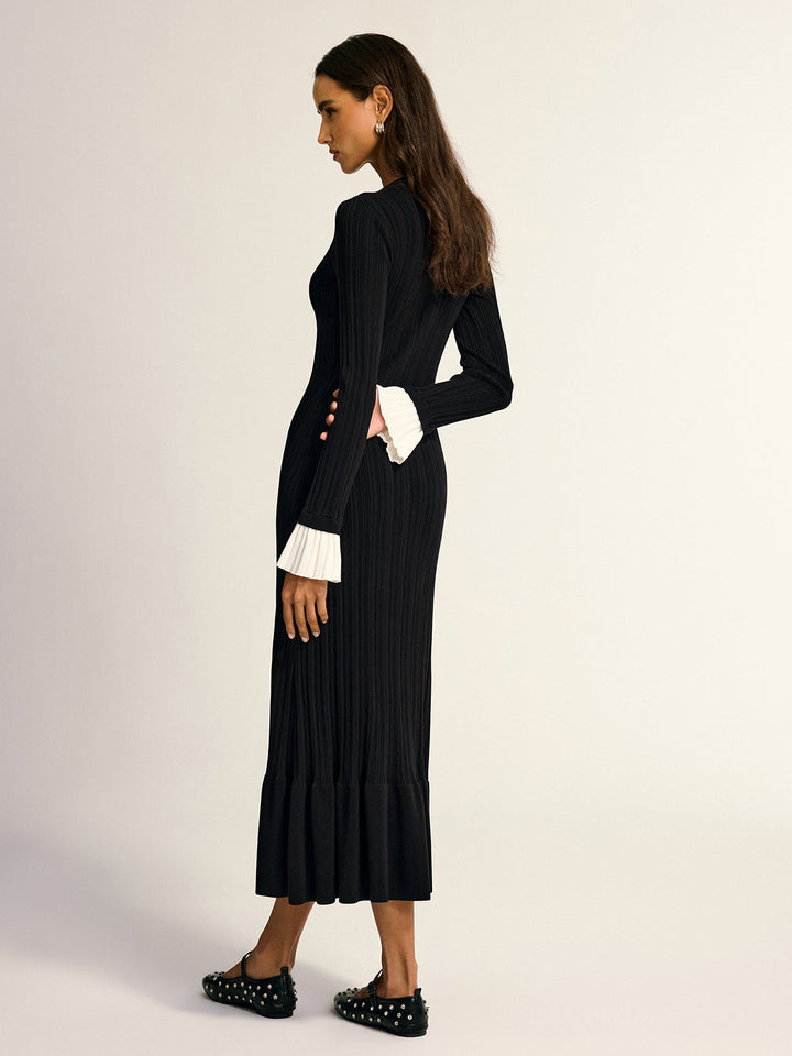 Düğmeli Önü Fular Detaylı Boğazlı Uzun Elbise