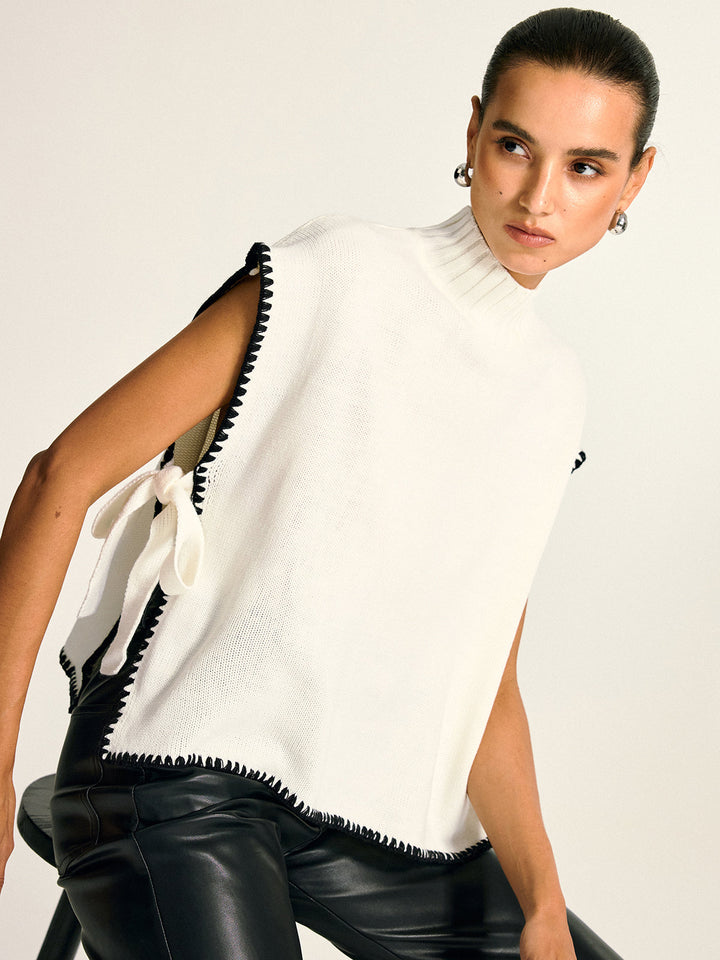 Kontrast Kenar Yan Fiyonk Yuvarlak Yaka Süveter Yelek