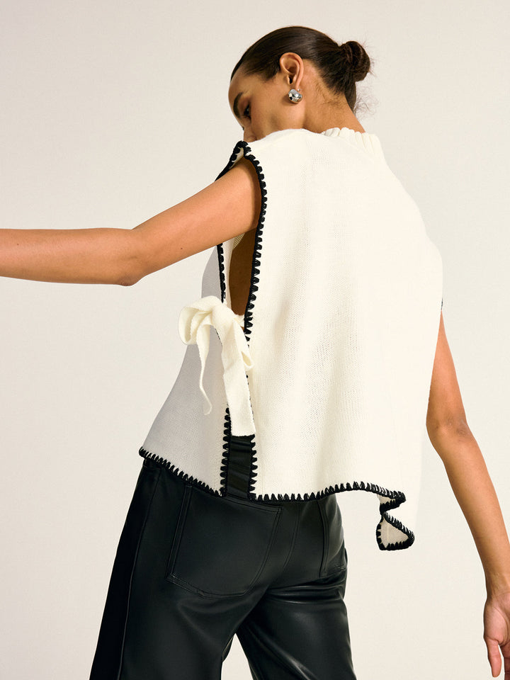 Kontrast Kenar Yan Fiyonk Yuvarlak Yaka Süveter Yelek