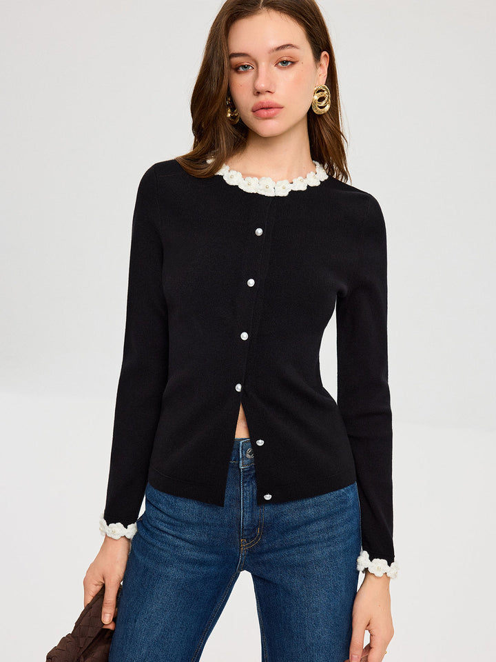 3D Çiçekli Süsleme İnci Düğmeli Hırka