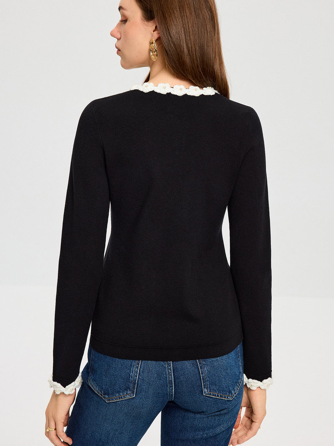 3D Çiçekli Süsleme İnci Düğmeli Hırka