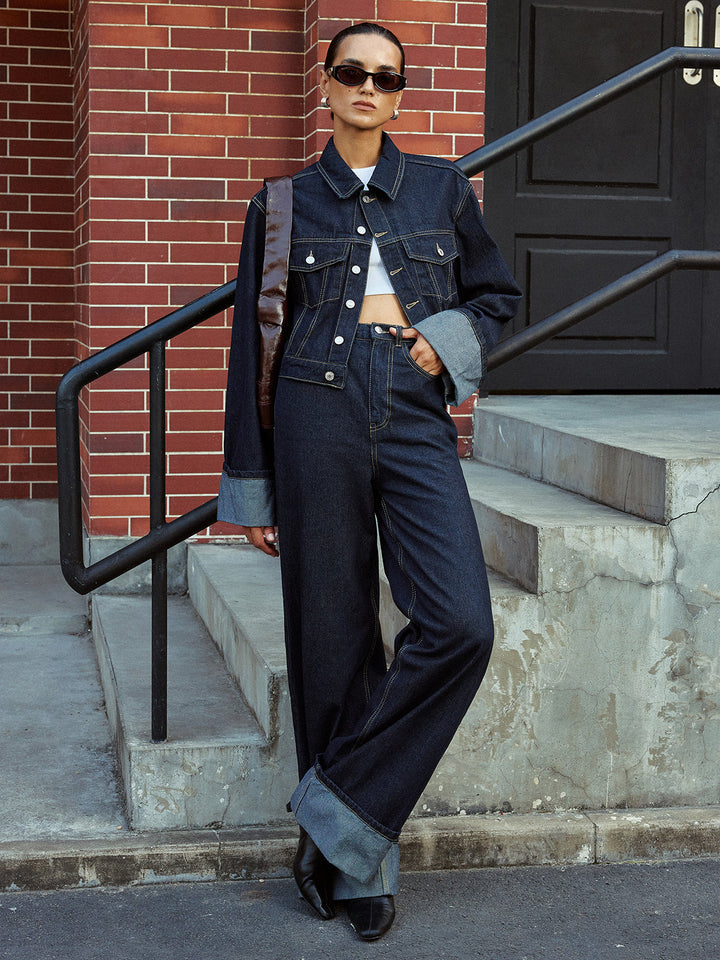 Yüksek Bel Paça Katlamalı Bol Paça Kot Pantolon