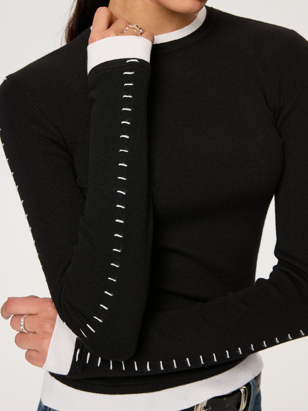 Kontrast Dikiş Yün Karışımlı Penye Üst