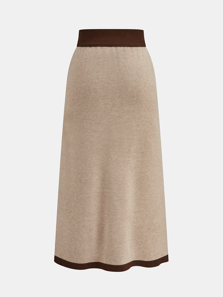 Kontrast Kenar Dikişli Jakarlı Üst ve Midi Etek Takımı