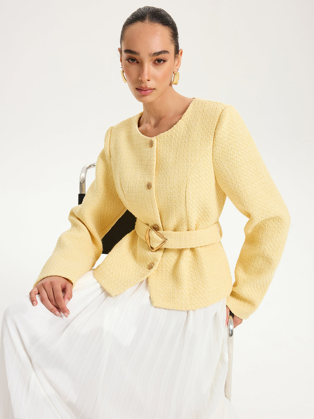 Düvme Detaylı Kemerli Tweed Ceket