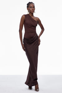 Tek Omuzlu Saten Kahverengi Elbise