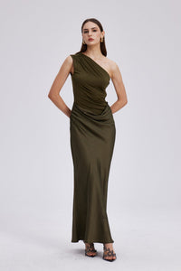 Tek Omuzlu Saten Yeşil Elbise