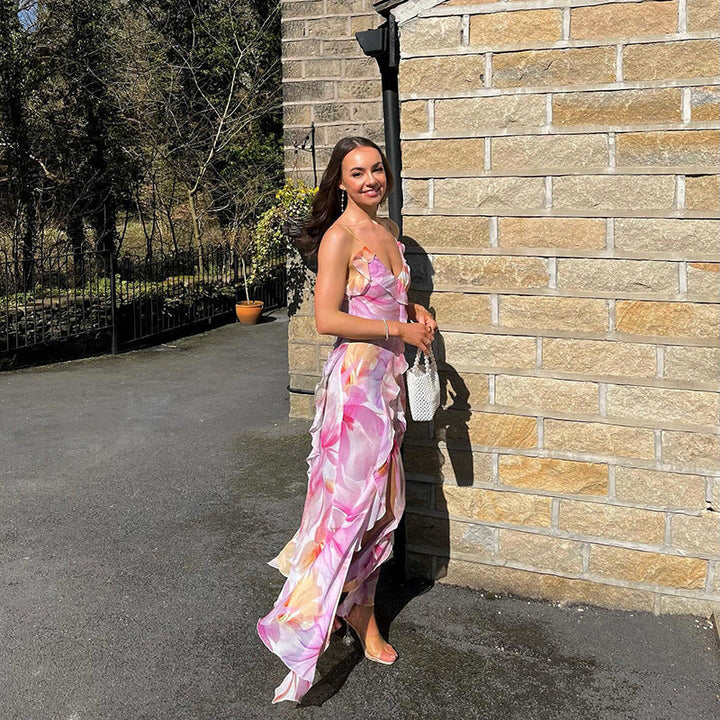 Nylah | Çiçekli Volanlı Maxi Elbise