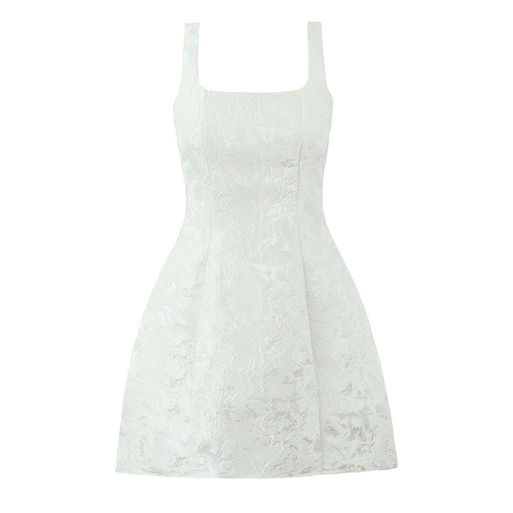 Çekici Çiçek Desenli Jakarlı Abiye Kare Yaka Elbise